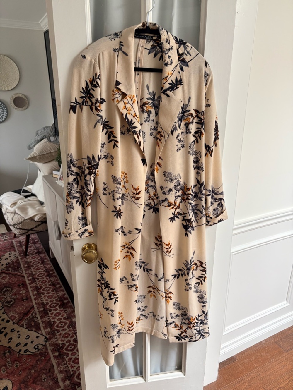 Black Tape_ Cream Floral Long Robe with Navy & Golden Accents